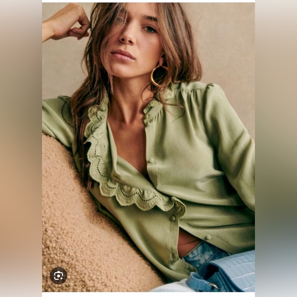 Sezane Light Sage Green Lace-Trim Button Blouse